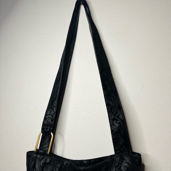 Genuine Leather Gold Zip Black Floral Design Crossbody Strap Bag - Picture 4 of 13